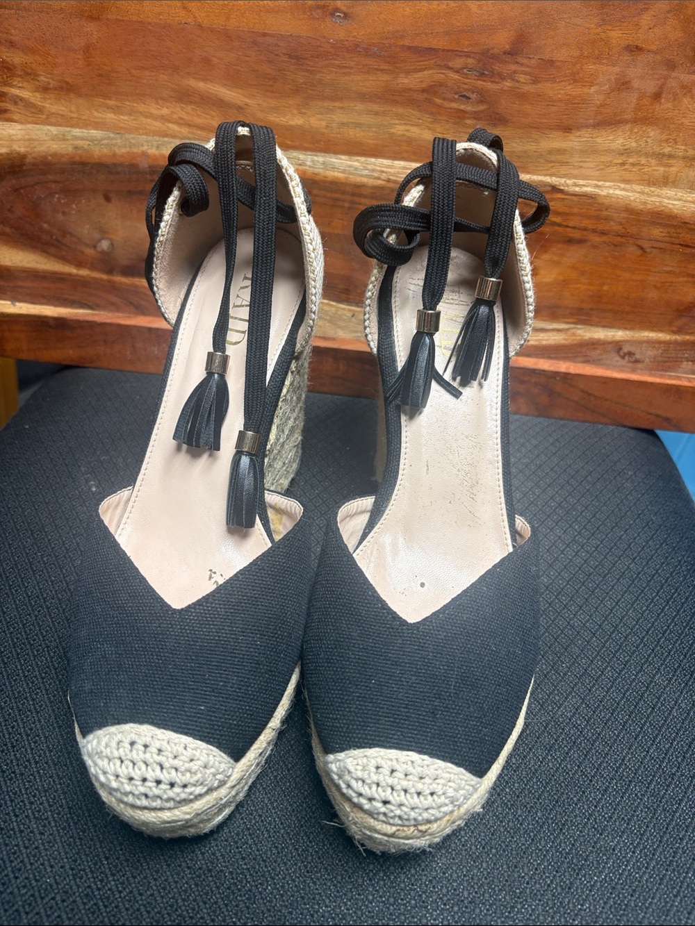 Black Espadrille Wedge Sandals with Ankle Wrap and Tassels